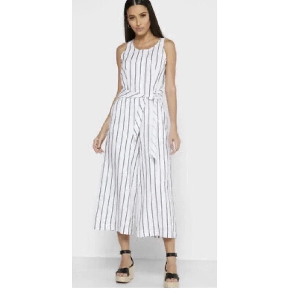 Banana Republic Linen Striped Wide Leg Sleeveless Jumpsuit Pockets Sz 2 L